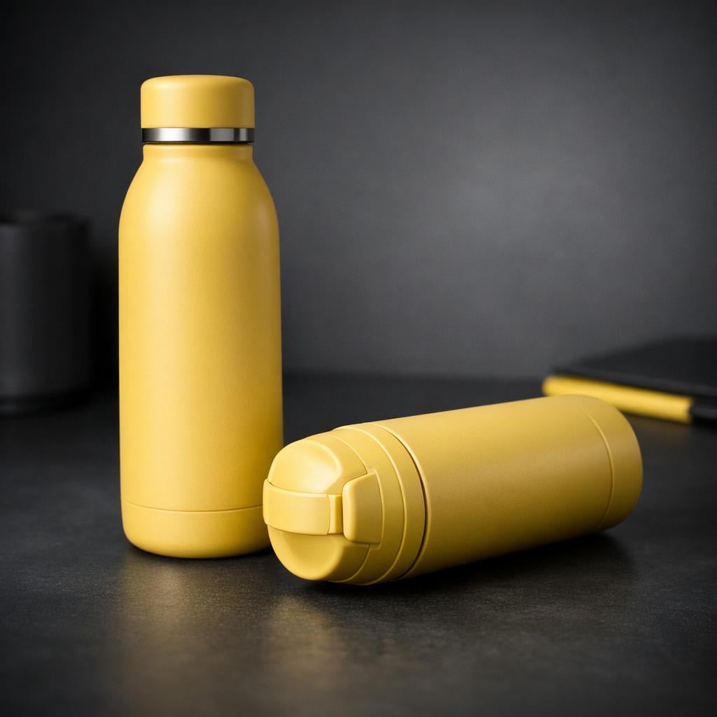 Premium branded drinkware including custom logo water bottles and insulated tumblers
