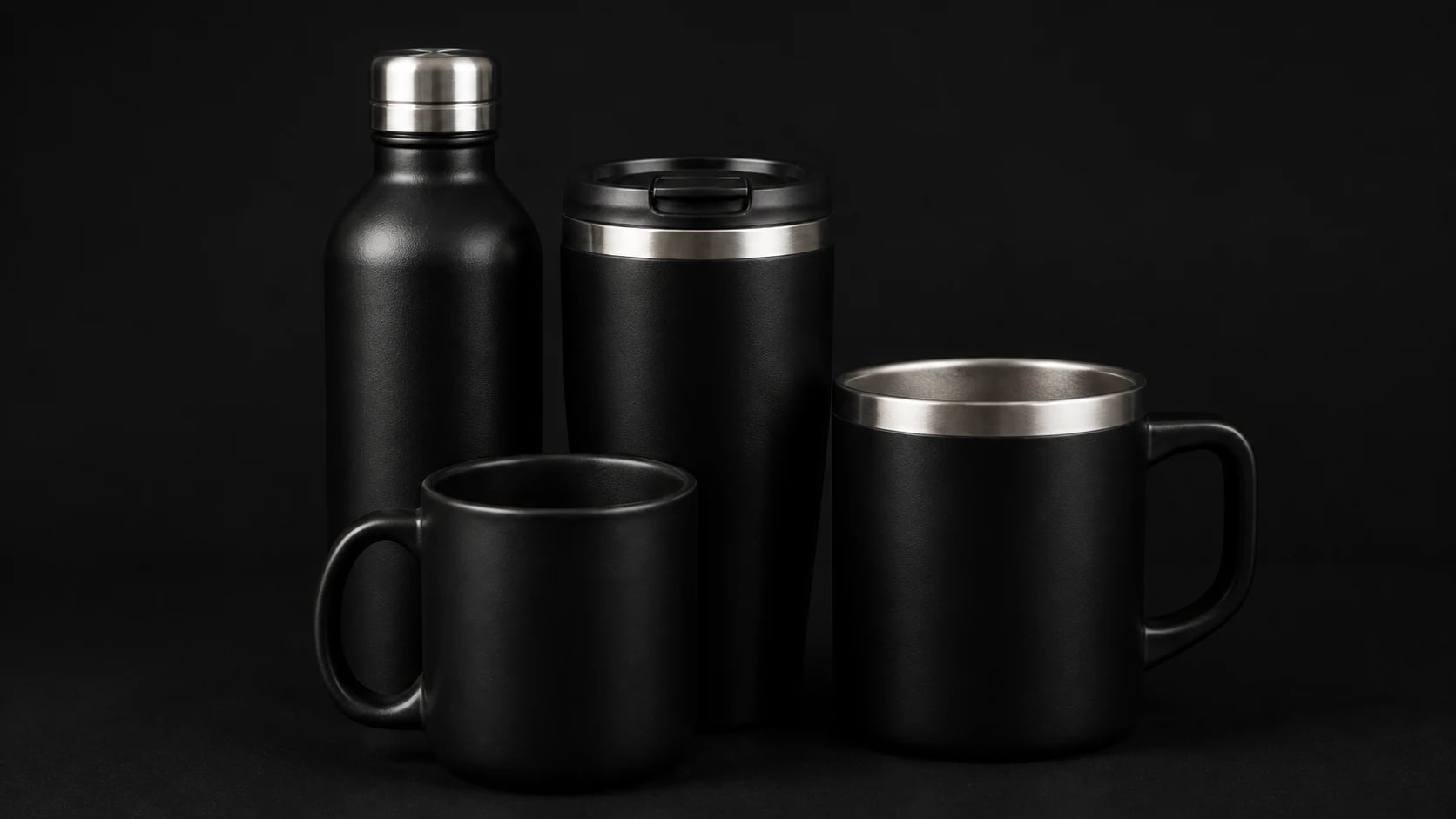 A dark studio arrangement of black drinkware