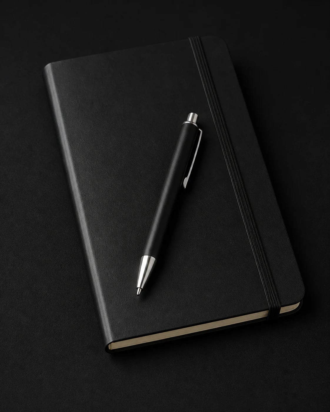 A black notebook and pen in a dark studio setting