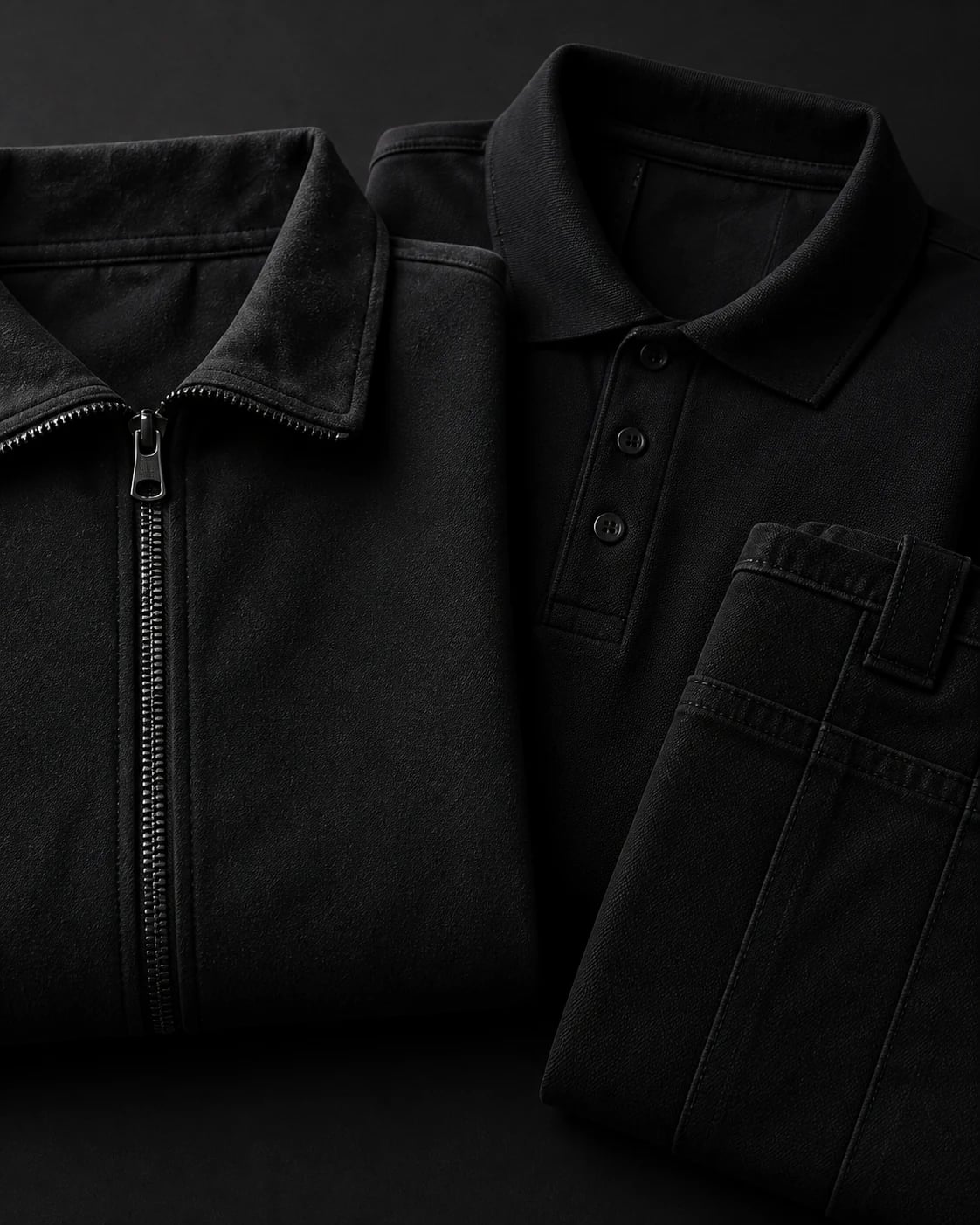 Black workwear garments arranged in a dark studio setting