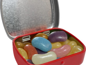 Flat hinged tin with jelly beans
