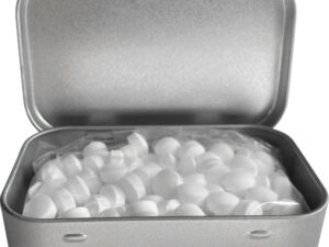 Large flat hinged tin with dextrose mints