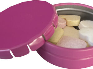 Round click tin with fruit heart sweets