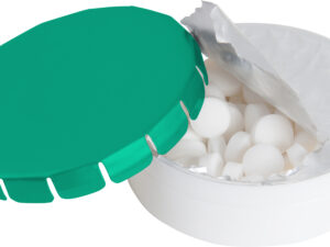 Round plastic pot with metal lid and sugar free mints