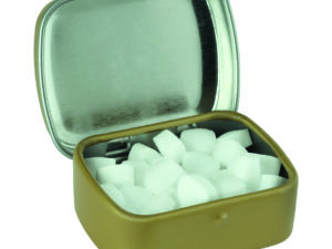 Small flat hinged tin with sugar free mints